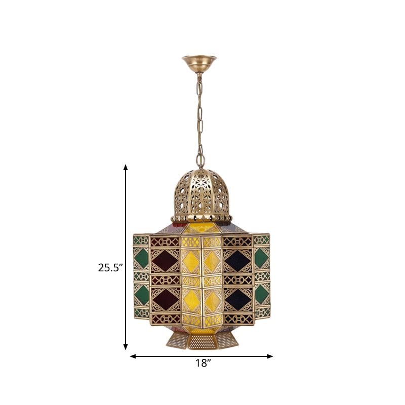 Decorative Lantern Pendant Light 6-Bulb Stained Glass Hanging Chandelier in Brass for Living Room Clearhalo 'Ceiling Lights' 'Chandeliers' Lighting' options 922506