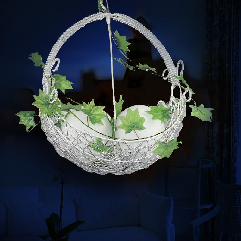 2 Bulbs Basket Chandelier Light Pastoral White Metal Pendant with Orb Opal Glass Shade and Leaf Decor Clearhalo 'Ceiling Lights' 'Chandeliers' Lighting' options 922512