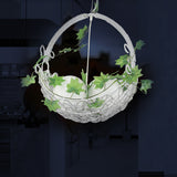 2 Bulbs Basket Chandelier Light Pastoral White Metal Pendant with Orb Opal Glass Shade and Leaf Decor Clearhalo 'Ceiling Lights' 'Chandeliers' Lighting' options 922513