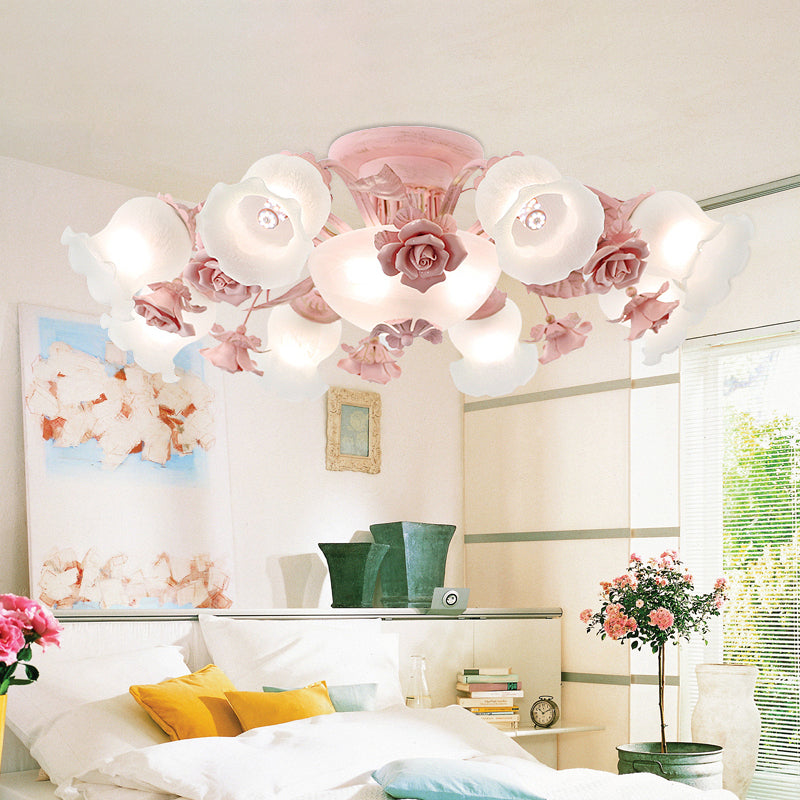 Korean Garden Floral Semi Flush 5/7/11 Lights Cream Glass Flush Mount Light Fixture in Pink/Blue for Bedroom 11 Pink Clearhalo 'Ceiling Lights' 'Close To Ceiling Lights' 'Close to ceiling' 'Glass shade' 'Glass' 'Semi-flushmount' Lighting' 922566