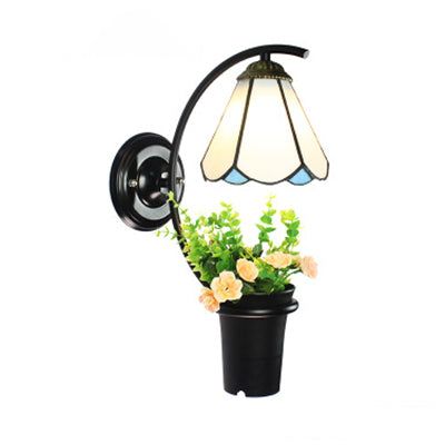 White Glass Cone Wall Light Fixture Tiffany 1 Head Black Sconce Light with Flower Decoration White Clearhalo 'Wall Lamps & Sconces' 'Wall Lights' Lighting' 92257