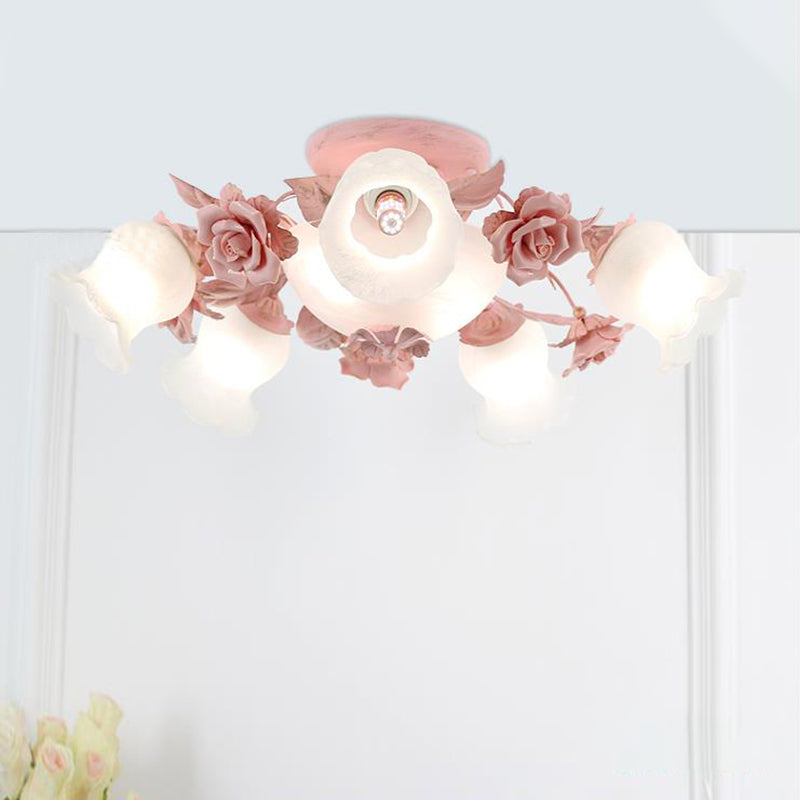 Korean Garden Floral Semi Flush 5/7/11 Lights Cream Glass Flush Mount Light Fixture in Pink/Blue for Bedroom 7 Pink Clearhalo 'Ceiling Lights' 'Close To Ceiling Lights' 'Close to ceiling' 'Glass shade' 'Glass' 'Semi-flushmount' Lighting' 922571