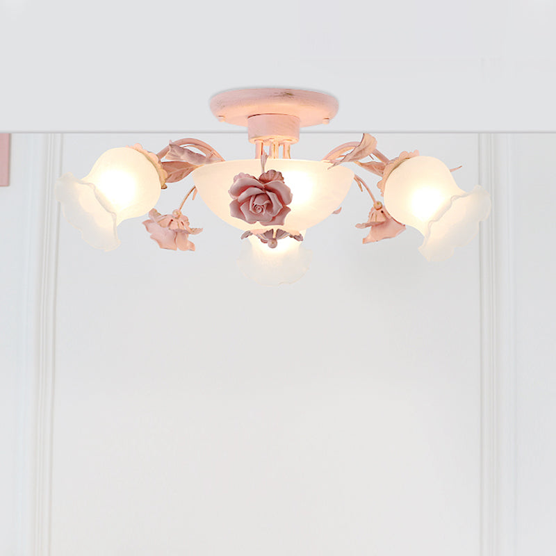 Korean Garden Floral Semi Flush 5/7/11 Lights Cream Glass Flush Mount Light Fixture in Pink/Blue for Bedroom 5 Pink Clearhalo 'Ceiling Lights' 'Close To Ceiling Lights' 'Close to ceiling' 'Glass shade' 'Glass' 'Semi-flushmount' Lighting' 922574