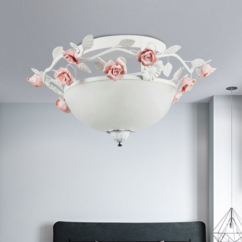 Bowl White Glass Flush Light Korean Flower 1 Bulb Living Room Flush Mount Lighting Fixture White Clearhalo 'Ceiling Lights' 'Close To Ceiling Lights' 'Close to ceiling' 'Flush mount' Lighting' 922583