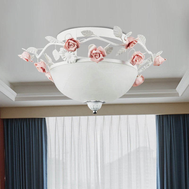 Bowl White Glass Flush Light Korean Flower 1 Bulb Living Room Flush Mount Lighting Fixture Clearhalo 'Ceiling Lights' 'Close To Ceiling Lights' 'Close to ceiling' 'Flush mount' Lighting' 922584