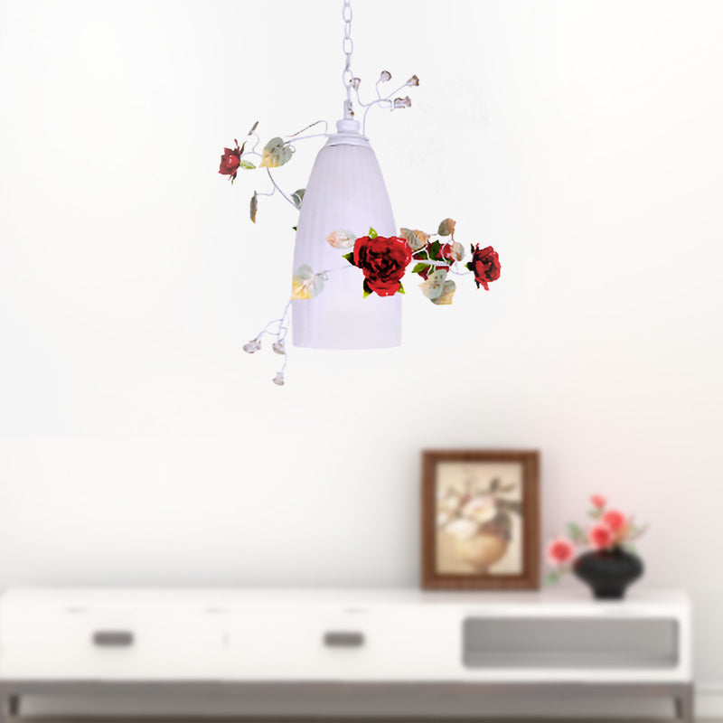 White Glass Elongated Dome Pendant Romantic Pastoral 1-Light Dining Room Drop Lamp with Red Flower Clearhalo 'Ceiling Lights' 'Glass shade' 'Glass' 'Pendant Lights' 'Pendants' Lighting' 922595
