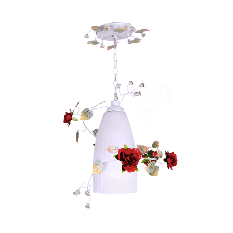 White Glass Elongated Dome Pendant Romantic Pastoral 1-Light Dining Room Drop Lamp with Red Flower Clearhalo 'Ceiling Lights' 'Glass shade' 'Glass' 'Pendant Lights' 'Pendants' Lighting' 922596