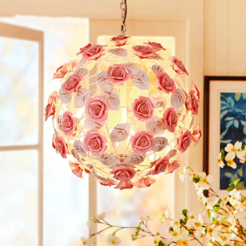 14"/16" W Metal Pink Hanging Light Fixture Ball 1-Head Romantic Pastoral Ceiling Lamp with Rose Decor Clearhalo 'Ceiling Lights' 'Pendant Lights' 'Pendants' Lighting' 922598