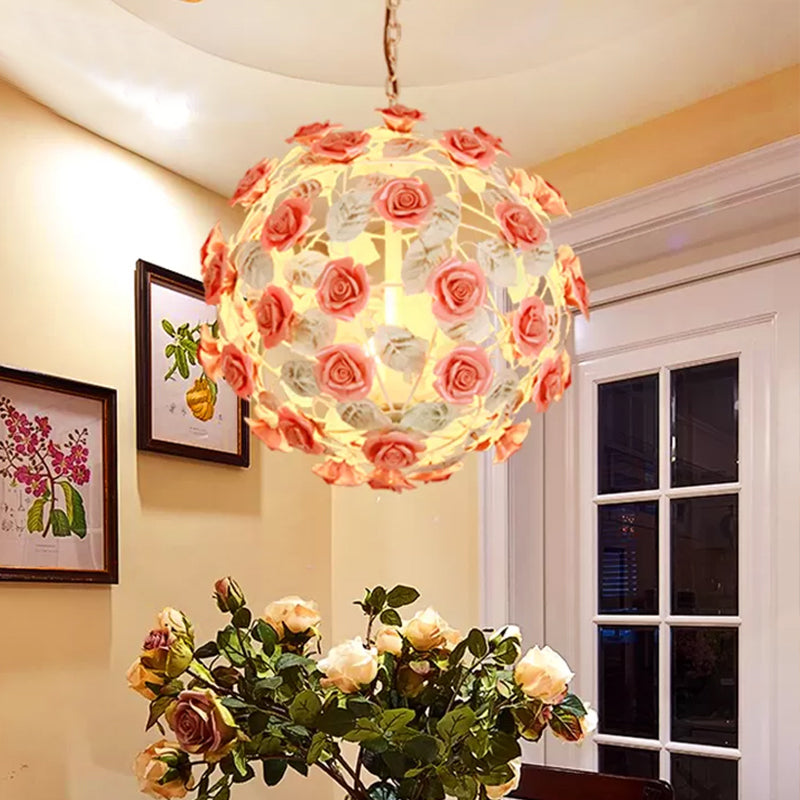 14"/16" W Metal Pink Hanging Light Fixture Ball 1-Head Romantic Pastoral Ceiling Lamp with Rose Decor Clearhalo 'Ceiling Lights' 'Pendant Lights' 'Pendants' Lighting' 922599