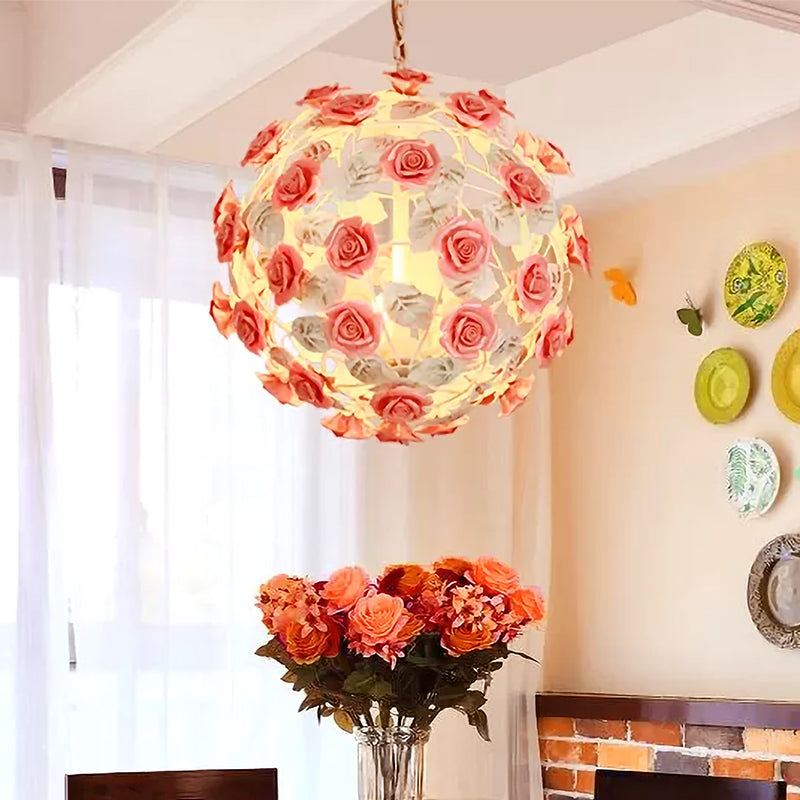 14"/16" W Metal Pink Hanging Light Fixture Ball 1-Head Romantic Pastoral Ceiling Lamp with Rose Decor Clearhalo 'Ceiling Lights' 'Pendant Lights' 'Pendants' Lighting' 922600