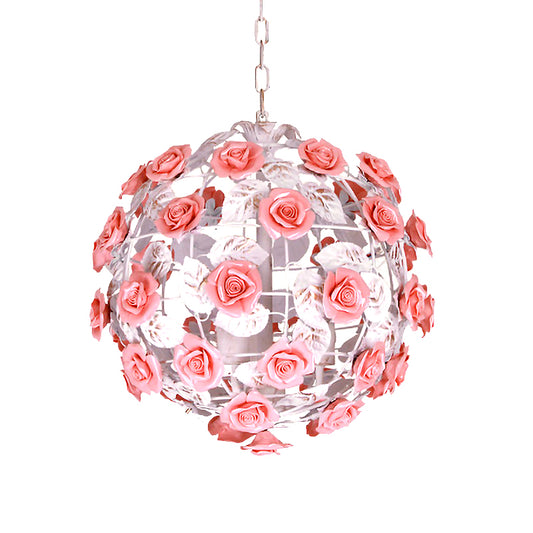 14"/16" W Metal Pink Hanging Light Fixture Ball 1-Head Romantic Pastoral Ceiling Lamp with Rose Decor Clearhalo 'Ceiling Lights' 'Pendant Lights' 'Pendants' Lighting' 922601