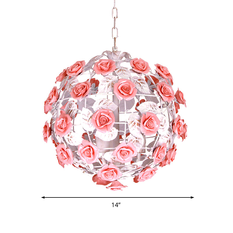 14"/16" W Metal Pink Hanging Light Fixture Ball 1-Head Romantic Pastoral Ceiling Lamp with Rose Decor Clearhalo 'Ceiling Lights' 'Pendant Lights' 'Pendants' Lighting' 922602