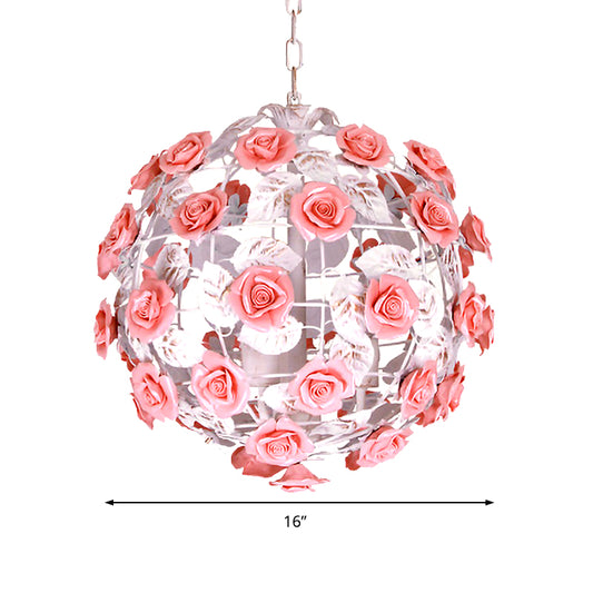 14"/16" W Metal Pink Hanging Light Fixture Ball 1-Head Romantic Pastoral Ceiling Lamp with Rose Decor Clearhalo 'Ceiling Lights' 'Pendant Lights' 'Pendants' Lighting' 922603