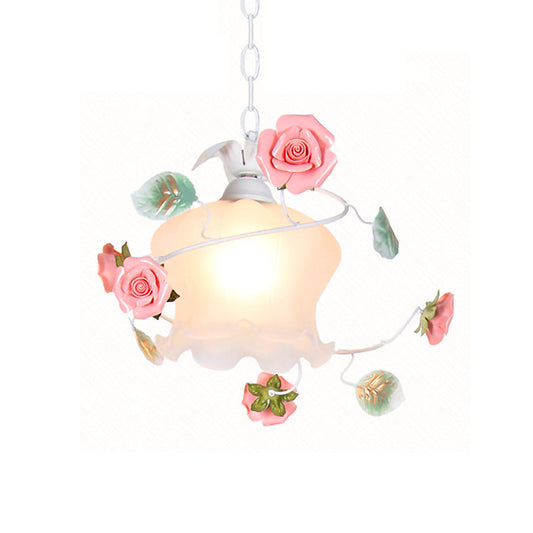 Pastoral Style Rose Hanging Lamp 1-Bulb White Glass Down Lighting Pendant for Living Room Clearhalo 'Ceiling Lights' 'Glass shade' 'Glass' 'Pendant Lights' 'Pendants' Lighting' 922606