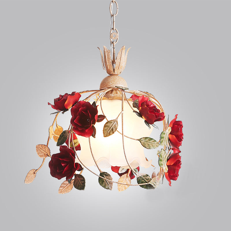 Blossom White Glass Ceiling Lamp Korean Garden 1 Bulb Dining Room Pendant Light, 12.5"/16" W Clearhalo 'Ceiling Lights' 'Glass shade' 'Glass' 'Pendant Lights' 'Pendants' Lighting' 922618