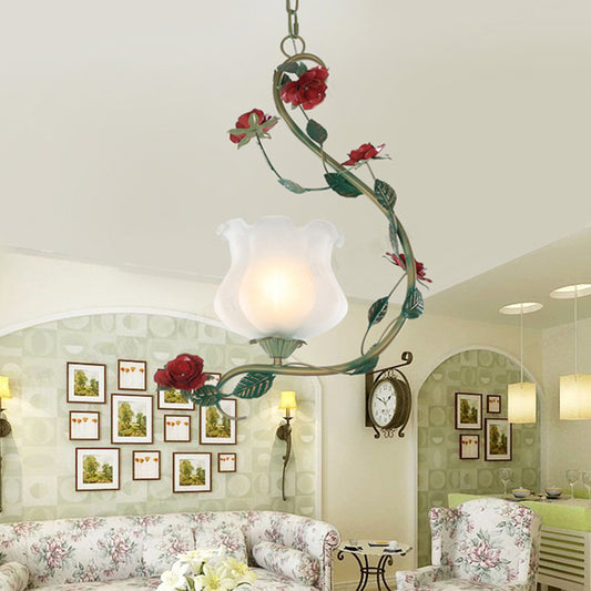 Romantic Pastoral Flower Pendant 1 Light White Glass Hanging Ceiling Light with Metal Curvy Arm White Clearhalo 'Ceiling Lights' 'Chandeliers' 'Glass shade' 'Glass' 'Pendant Lights' 'Pendants' Lighting' 922626