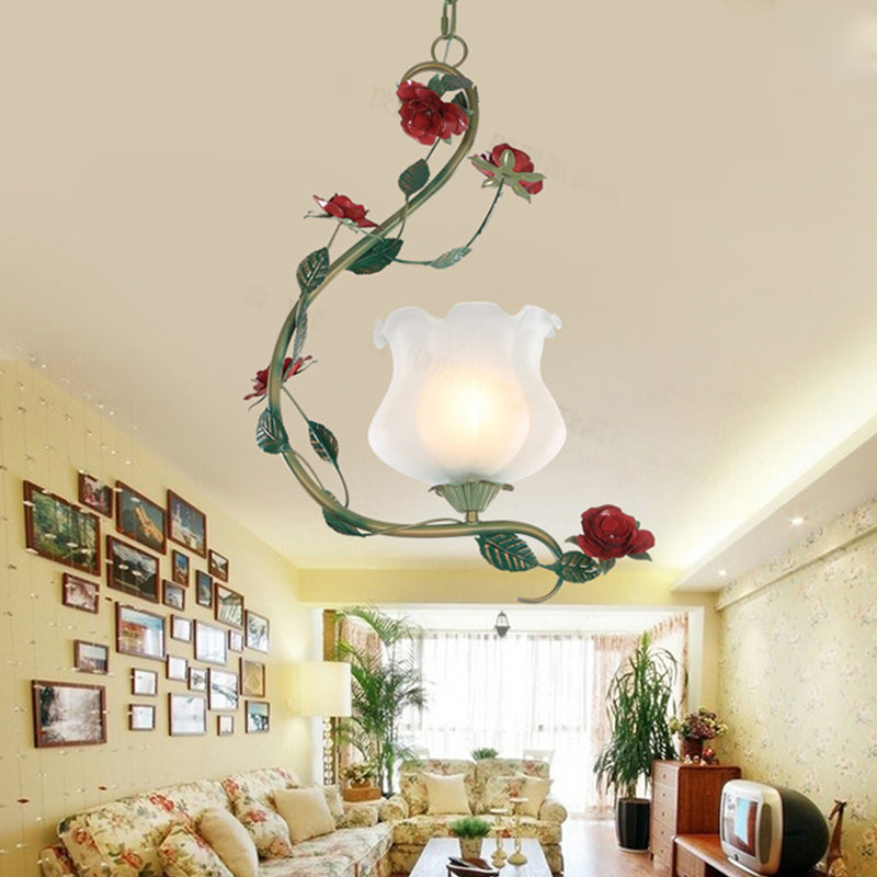 Romantic Pastoral Flower Pendant 1 Light White Glass Hanging Ceiling Light with Metal Curvy Arm Clearhalo 'Ceiling Lights' 'Chandeliers' 'Glass shade' 'Glass' 'Pendant Lights' 'Pendants' Lighting' 922627