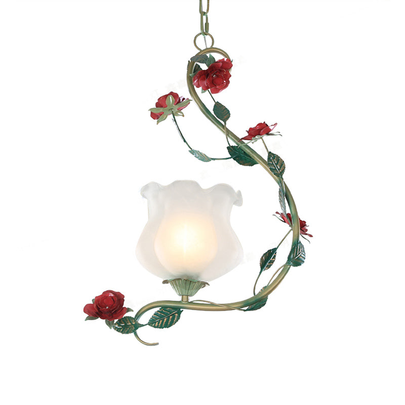 Romantic Pastoral Flower Pendant 1 Light White Glass Hanging Ceiling Light with Metal Curvy Arm Clearhalo 'Ceiling Lights' 'Chandeliers' 'Glass shade' 'Glass' 'Pendant Lights' 'Pendants' Lighting' 922628