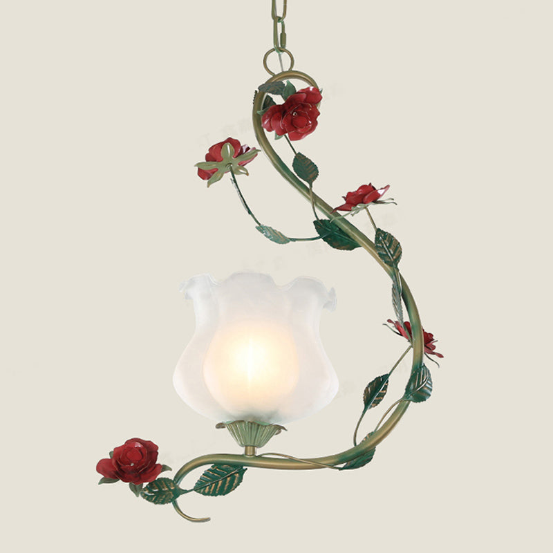 Romantic Pastoral Flower Pendant 1 Light White Glass Hanging Ceiling Light with Metal Curvy Arm Clearhalo 'Ceiling Lights' 'Chandeliers' 'Glass shade' 'Glass' 'Pendant Lights' 'Pendants' Lighting' 922629