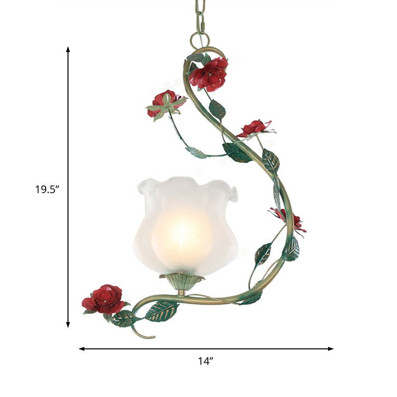 Romantic Pastoral Flower Pendant 1 Light White Glass Hanging Ceiling Light with Metal Curvy Arm Clearhalo 'Ceiling Lights' 'Chandeliers' 'Glass shade' 'Glass' 'Pendant Lights' 'Pendants' Lighting' 922630
