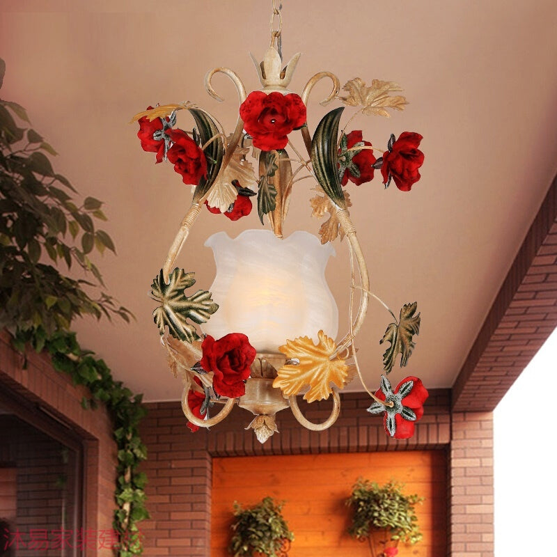 Single Bulb Suspension Lighting Korean Flower Scrolled Arm White Glass Hanging Pendant Clearhalo 'Ceiling Lights' 'Chandeliers' 'Glass shade' 'Glass' 'Pendant Lights' 'Pendants' Lighting' 922632