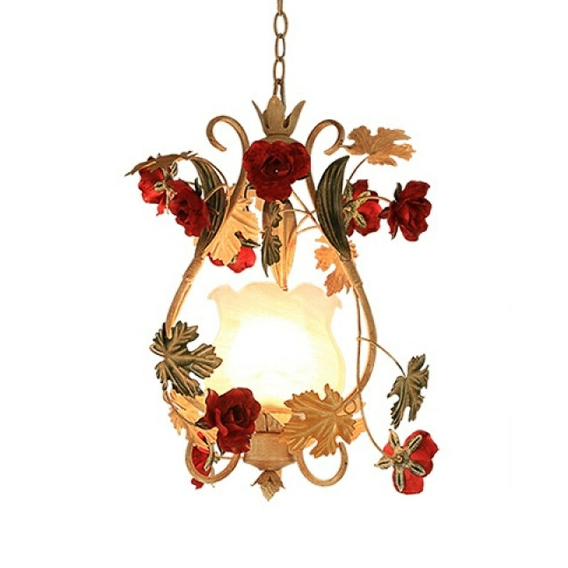 Single Bulb Suspension Lighting Korean Flower Scrolled Arm White Glass Hanging Pendant Clearhalo 'Ceiling Lights' 'Chandeliers' 'Glass shade' 'Glass' 'Pendant Lights' 'Pendants' Lighting' 922633