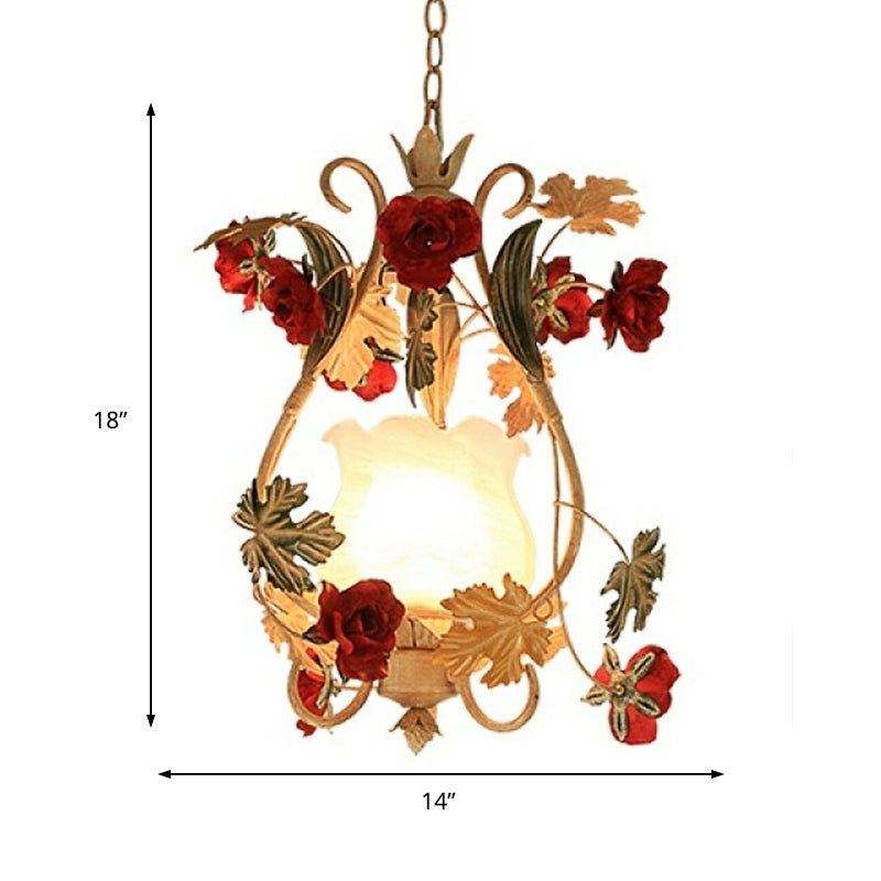 Single Bulb Suspension Lighting Korean Flower Scrolled Arm White Glass Hanging Pendant Clearhalo 'Ceiling Lights' 'Chandeliers' 'Glass shade' 'Glass' 'Pendant Lights' 'Pendants' Lighting' 922634