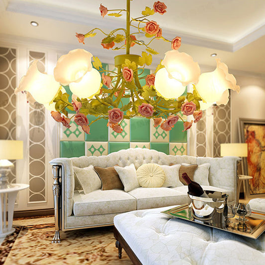 Sputnik Living Room Chandelier Korean Flower Ivory Glass 8 Lights Green Suspension Lighting Green Clearhalo 'Ceiling Lights' 'Chandeliers' 'Glass shade' 'Glass' Lighting' 922635