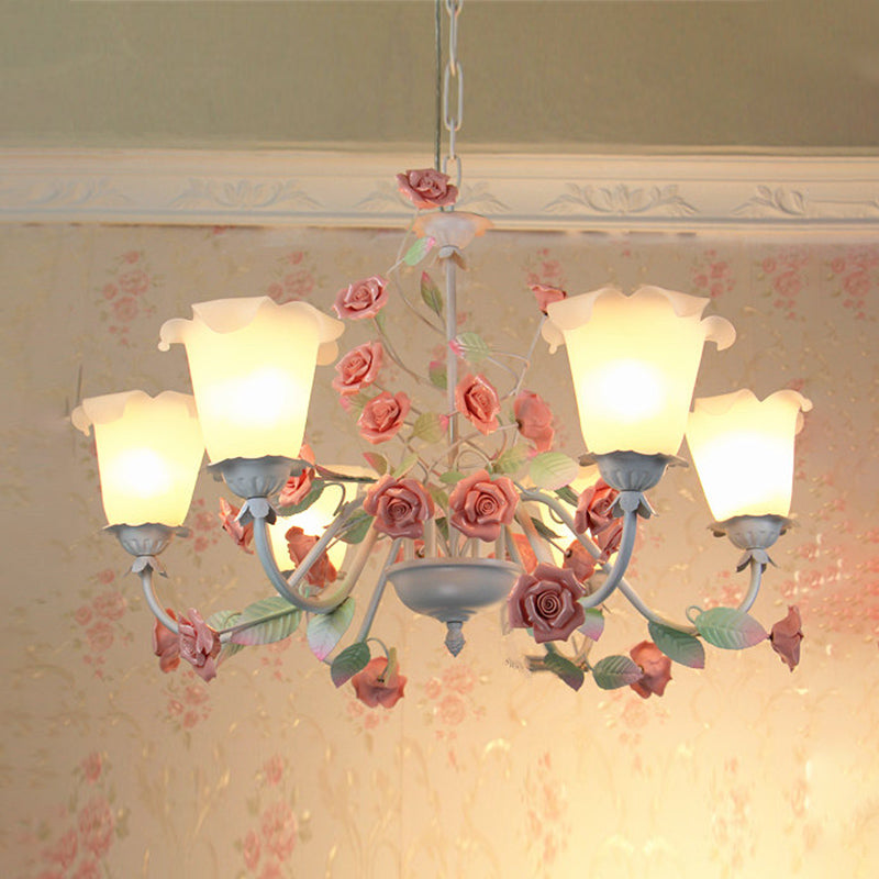 6-Bulb White Glass Chandelier Lamp Pastoral Pink Rose Living Room Hanging Pendant Light White Clearhalo 'Ceiling Lights' 'Chandeliers' 'Close To Ceiling Lights' 'Glass shade' 'Glass' Lighting' 922640