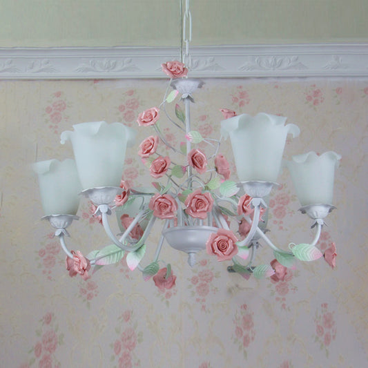 6-Bulb White Glass Chandelier Lamp Pastoral Pink Rose Living Room Hanging Pendant Light Clearhalo 'Ceiling Lights' 'Chandeliers' 'Close To Ceiling Lights' 'Glass shade' 'Glass' Lighting' 922641