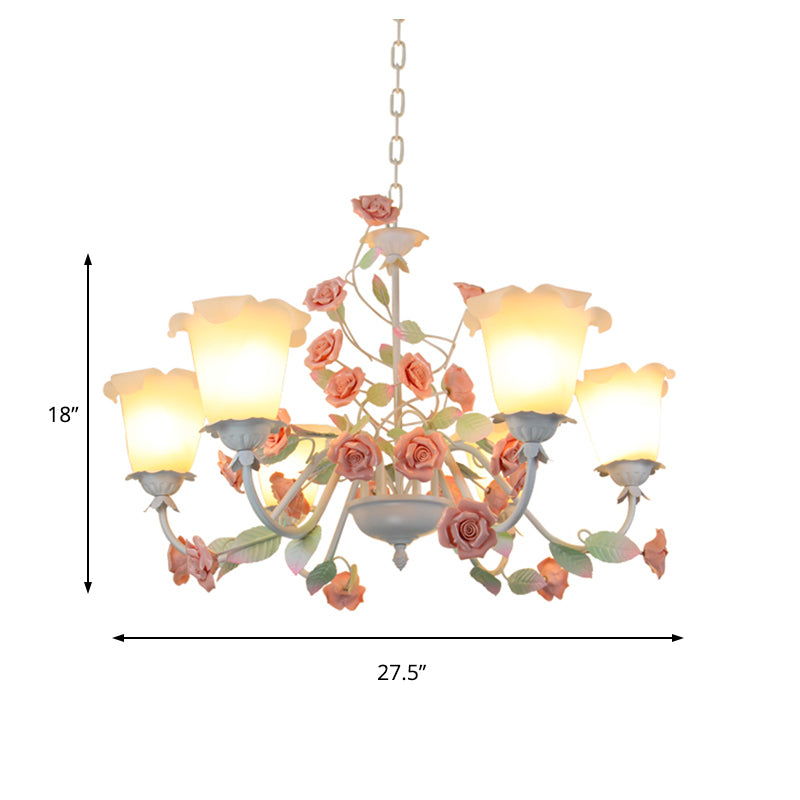 6-Bulb White Glass Chandelier Lamp Pastoral Pink Rose Living Room Hanging Pendant Light Clearhalo 'Ceiling Lights' 'Chandeliers' 'Close To Ceiling Lights' 'Glass shade' 'Glass' Lighting' 922643