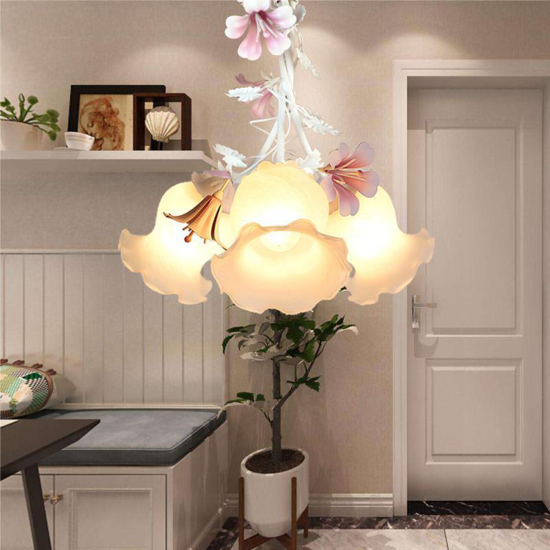 Pink 3 Lights Down Lighting Pastoral White Glass Flower Chandelier Light Fixture for Living Room White Clearhalo 'Ceiling Lights' 'Chandeliers' 'Close To Ceiling Lights' 'Glass shade' 'Glass' Lighting' 922644