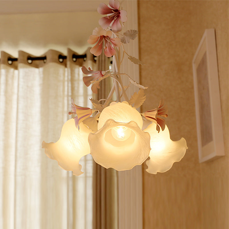 Pink 3 Lights Down Lighting Pastoral White Glass Flower Chandelier Light Fixture for Living Room Clearhalo 'Ceiling Lights' 'Chandeliers' 'Close To Ceiling Lights' 'Glass shade' 'Glass' Lighting' 922645