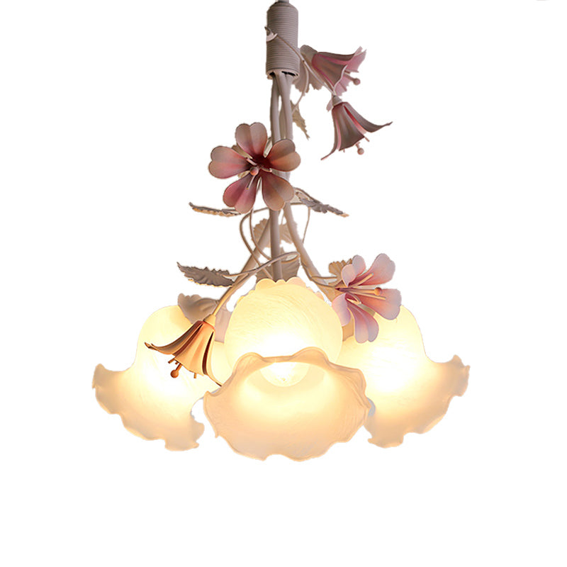 Pink 3 Lights Down Lighting Pastoral White Glass Flower Chandelier Light Fixture for Living Room Clearhalo 'Ceiling Lights' 'Chandeliers' 'Close To Ceiling Lights' 'Glass shade' 'Glass' Lighting' 922646