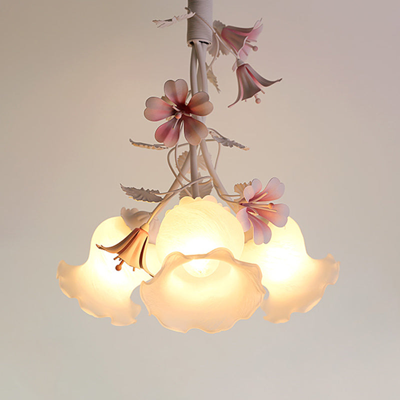 Pink 3 Lights Down Lighting Pastoral White Glass Flower Chandelier Light Fixture for Living Room Clearhalo 'Ceiling Lights' 'Chandeliers' 'Close To Ceiling Lights' 'Glass shade' 'Glass' Lighting' 922647