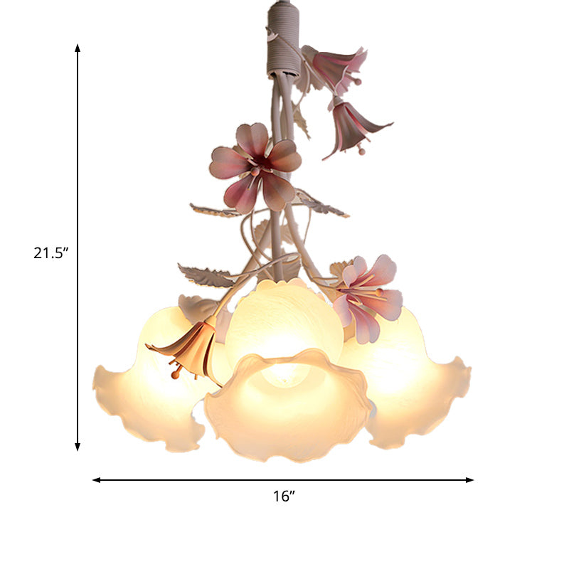 Pink 3 Lights Down Lighting Pastoral White Glass Flower Chandelier Light Fixture for Living Room Clearhalo 'Ceiling Lights' 'Chandeliers' 'Close To Ceiling Lights' 'Glass shade' 'Glass' Lighting' 922648