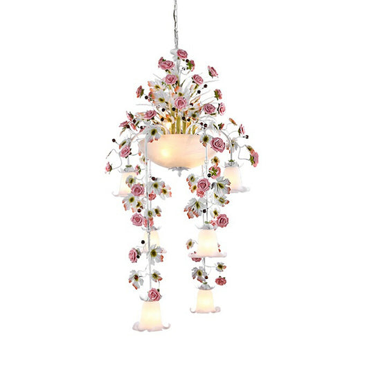 Rose White Glass Ceiling Lamp Romantic Pastoral 10 Bulbs Foyer Chandelier Lighting Fixture Clearhalo 'Ceiling Lights' 'Chandeliers' 'Close To Ceiling Lights' 'Glass shade' 'Glass' Lighting' 922652