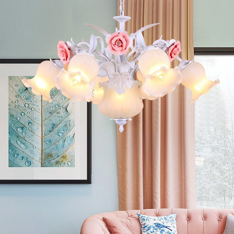 Pink 8 Bulbs Hanging Chandelier Romantic Pastoral White Glass Rose Suspension Pendant White Clearhalo 'Ceiling Lights' 'Chandeliers' 'Close To Ceiling Lights' 'Glass shade' 'Glass' Lighting' 922654