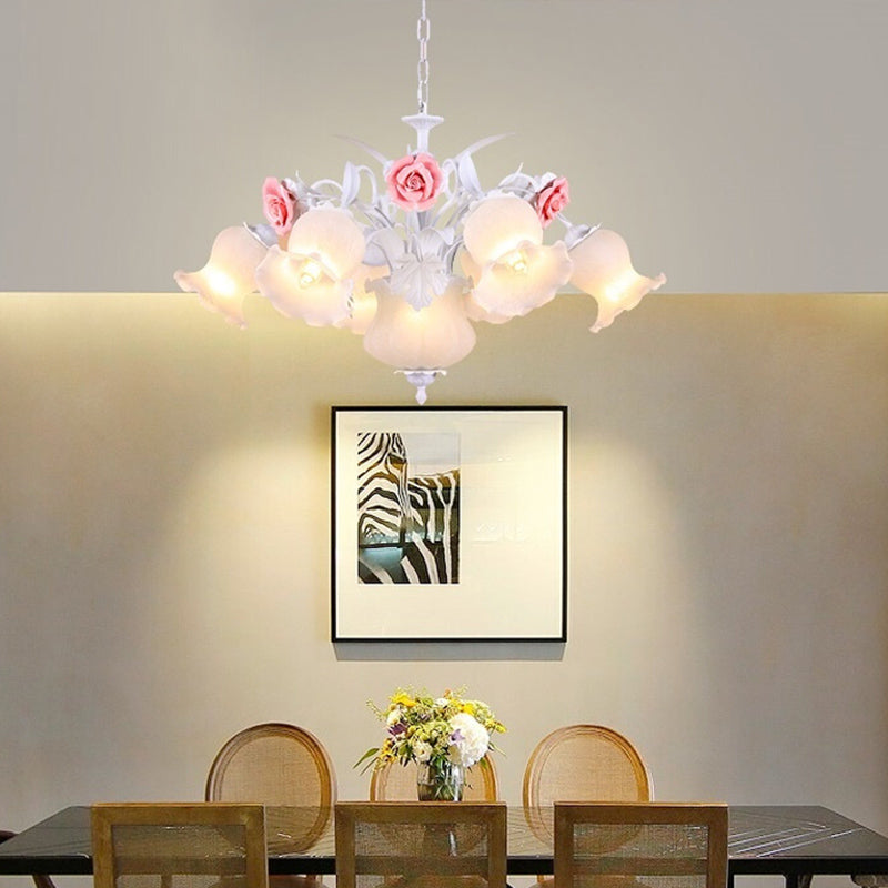 Pink 8 Bulbs Hanging Chandelier Romantic Pastoral White Glass Rose Suspension Pendant Clearhalo 'Ceiling Lights' 'Chandeliers' 'Close To Ceiling Lights' 'Glass shade' 'Glass' Lighting' 922655
