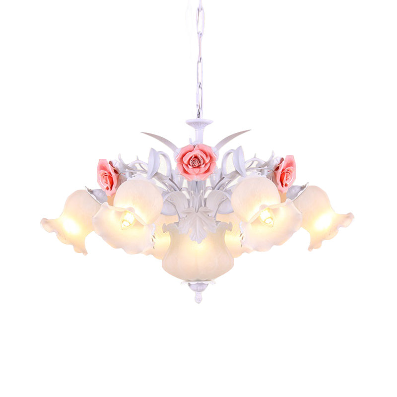 Pink 8 Bulbs Hanging Chandelier Romantic Pastoral White Glass Rose Suspension Pendant Clearhalo 'Ceiling Lights' 'Chandeliers' 'Close To Ceiling Lights' 'Glass shade' 'Glass' Lighting' 922657