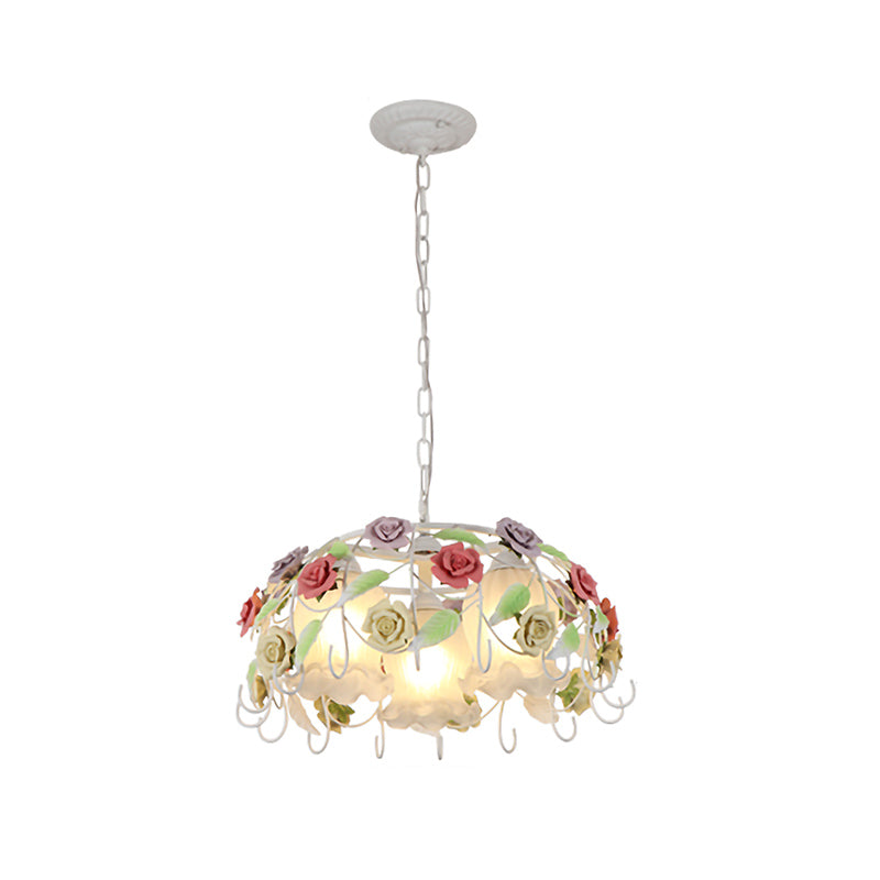 3 Lights Suspension Pendant Countryside Flower White Glass Hanging Chandelier with Bird Nest Cage Clearhalo 'Ceiling Lights' 'Chandeliers' Lighting' options 922661