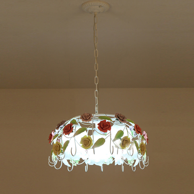 3 Lights Suspension Pendant Countryside Flower White Glass Hanging Chandelier with Bird Nest Cage Clearhalo 'Ceiling Lights' 'Chandeliers' Lighting' options 922662