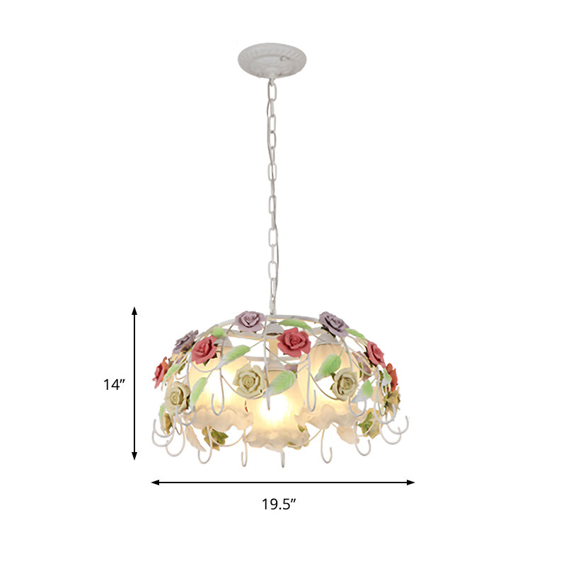 3 Lights Suspension Pendant Countryside Flower White Glass Hanging Chandelier with Bird Nest Cage Clearhalo 'Ceiling Lights' 'Chandeliers' Lighting' options 922663