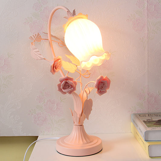 Scalloped Opal Glass Table Light Romantic Pastoral 1 Head Bedroom Night Lamp with Rose in Pink/Blue/White Pink Clearhalo 'Lamps' 'Table Lamps' Lighting' 922679