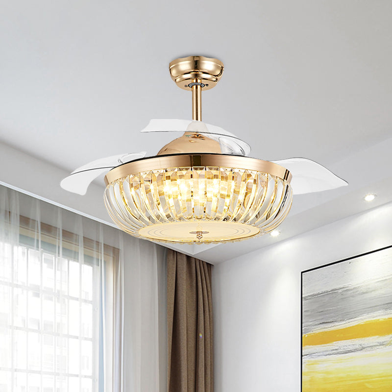 19.5" Width 4 Blades LED Crystal Semi Flush Minimalist Gold Bowl up Living Room Hanging Fan Lighting Gold Clearhalo 'Ceiling Fans with Lights' 'Ceiling Fans' Lighting' 923768