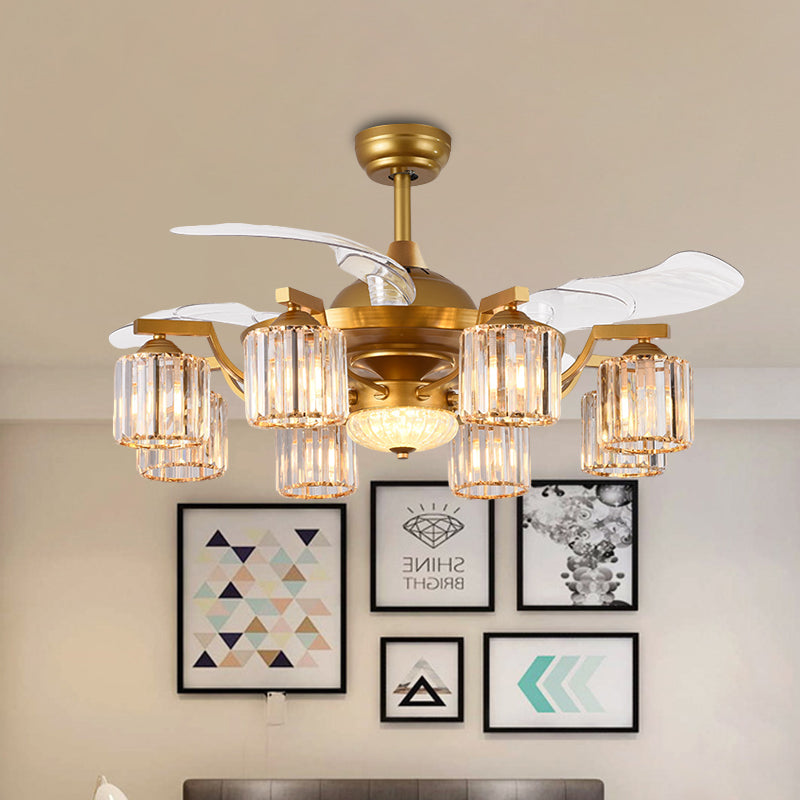 Crystal Cylinder Hanging Fan Light Traditional 8 Bulbs 3-Blade Semi Flush Mount Light in Gold, 43" Width Gold Clearhalo 'Ceiling Fans with Lights' 'Ceiling Fans' Lighting' 923772