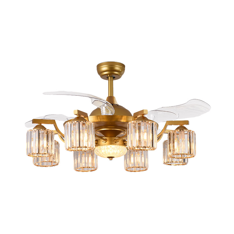 Crystal Cylinder Hanging Fan Light Traditional 8 Bulbs 3-Blade Semi Flush Mount Light in Gold, 43" Width Clearhalo 'Ceiling Fans with Lights' 'Ceiling Fans' Lighting' 923774