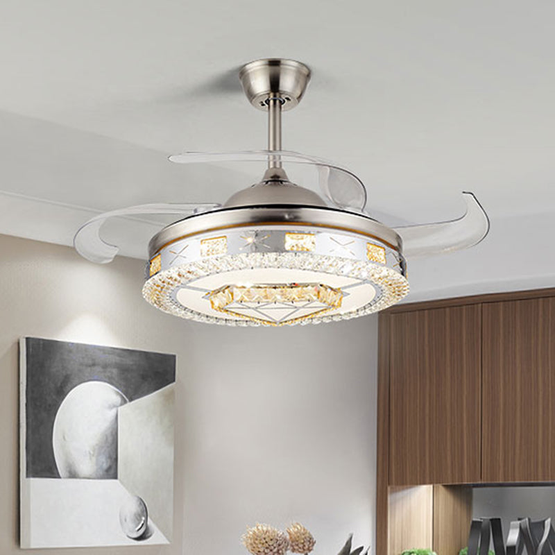 Silver 4 Blades Pendant Fan Lamp Minimalist Crystal Heart/Diamond Semi Mount Lighting, 19.5" Width Clearhalo 'Ceiling Fans with Lights' 'Ceiling Fans' Lighting' 923794