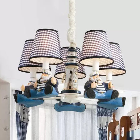 Nautical Style Captain Chandelier with Plaid Shade Metal 5 Lights Blue Pendant Light for Kids Bedroom Clearhalo 'Ceiling Lights' 'Chandeliers' Lighting' options 92386
