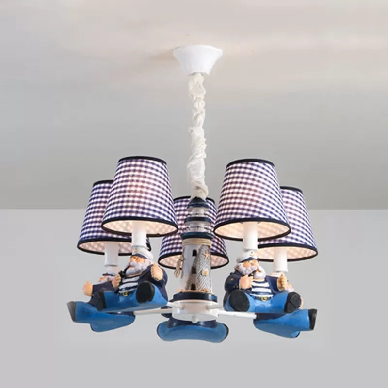 Nautical Style Captain Chandelier with Plaid Shade Metal 5 Lights Blue Pendant Light for Kids Bedroom Clearhalo 'Ceiling Lights' 'Chandeliers' Lighting' options 92387